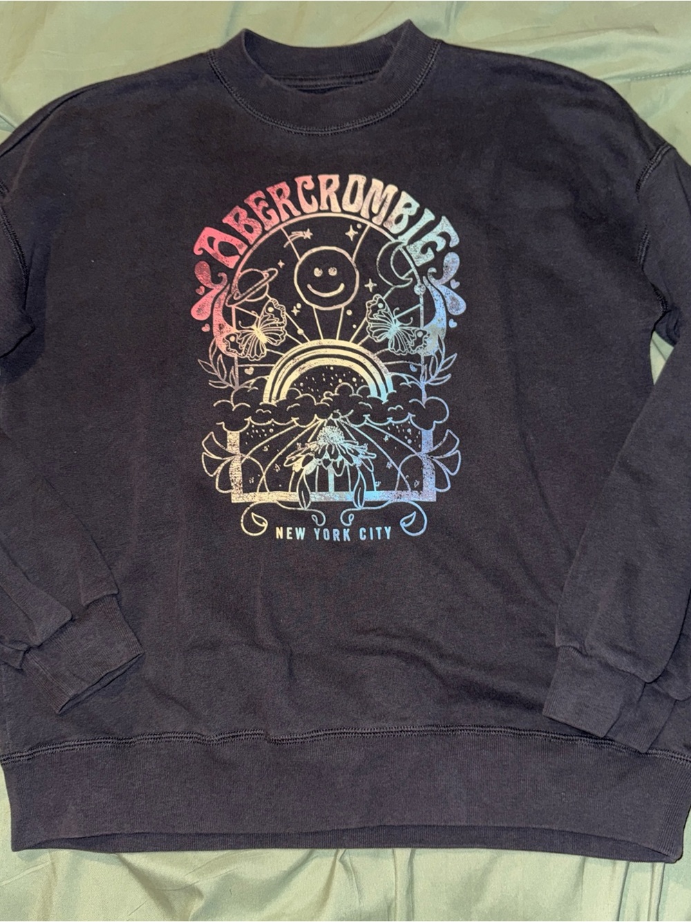 abercrombie kids Black Crewneck Sweater with Pastel Rainbow Graphic